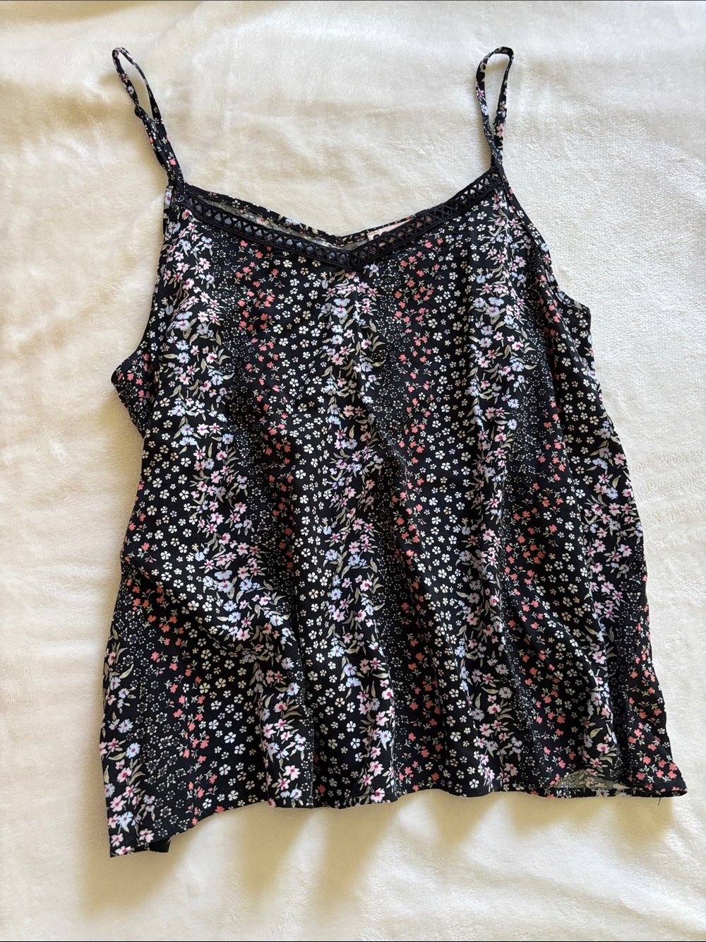 SO Floral Lace-Trim Cami Tank Top - Black with Pink & White Flowers